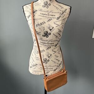 Tan Faux Leather 3 zip pocket crossbody bag with card holder in one pocket